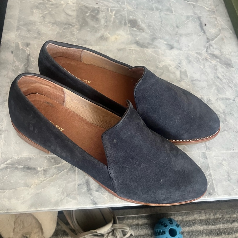 Navy Suede Women’s Loafers with Wooden Sole (Brand:All Black)